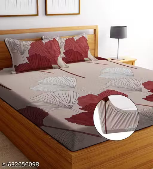 Super Soft Glace Cotton Attractive King Queen Single Cotton Feel All Round Elastic Fitted Double Bed Bedsheet with 2 Pillow Covers-72x78x8