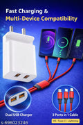 DUAL USB FAST CHARGER 2.4A WITH 3 IN 1 MULTI CHARGING CABLE FOR ALL ANDROID MOBILE &