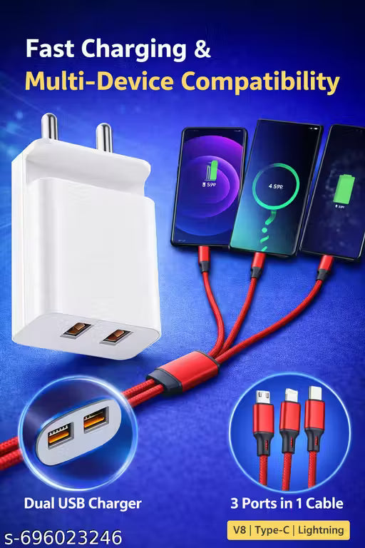 DUAL USB FAST CHARGER 2.4A WITH 3 IN 1 MULTI CHARGING CABLE FOR ALL ANDROID MOBILE &