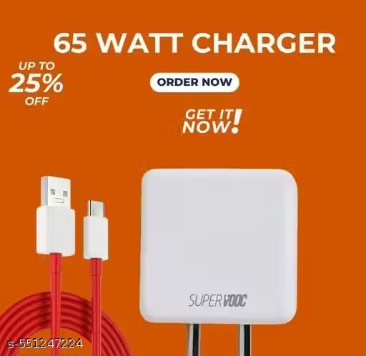 Ultra Fast 65 Watt Type-C Charger Adapter Mobile Charger, Charger for Mobile with Detachable Red & White Cable, 1 Meter Type C Cable