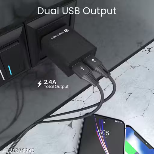 Portronics Adapto 66 2.4A 12w Dual USB Port Wall Charger with 1M Micro USB Cable,Compatible with iOS & Andriod Smartphones etc.(Black)