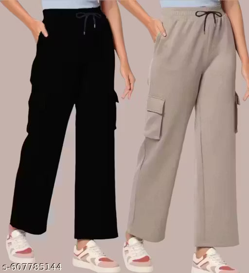 Trendy Women's Cargo Pants Pack of 2 | Combo Drawstring & Full Elastic Waist Cargo Trousers Pants for Women & Girls