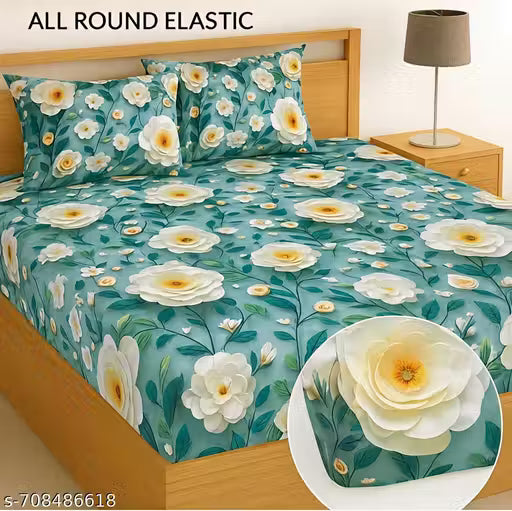 7D Superfine 7D Super Cotton Feel Premium Floral Elastic(Fitted) Bedsheet with 2 Pillow Covers