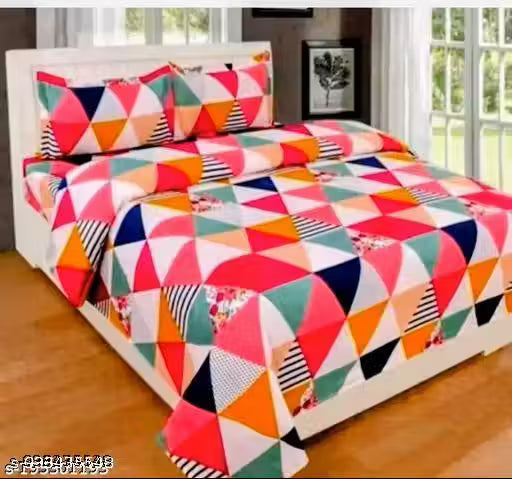 Rudraksh Textiles Multi Triangle Double Bedsheet|Bedsheet with 2 Pillow Cover|Cotton 3d Printed Bed Sheet|Pure Cotton Size Double BedSheets with Cover