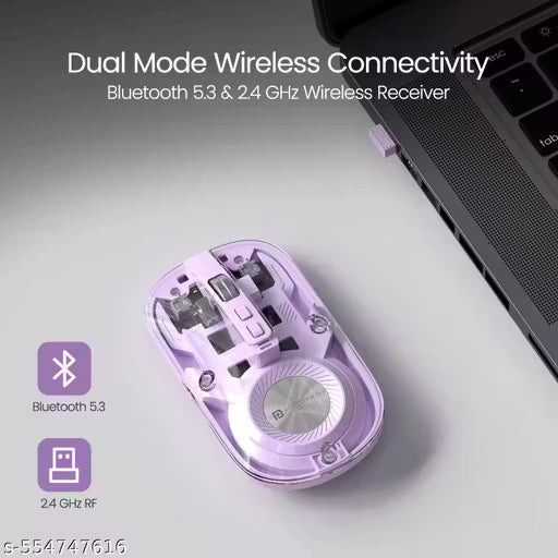 Portronics Toad 8 Transparent Wireless Bluetooth Mouse with Dual Wireless (BT + 2.4 GHz), Rechargeable Battery, Show/Hide Desktop, Multi-Device Pair, Adjust Sensitivity (Purple)