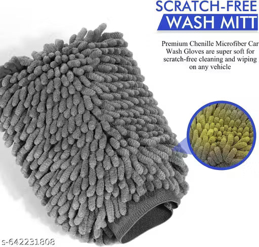 Premium Chenille Microfiber Car Wash Mitt | Ultra Soft & Scratch-Free Cleaning Glove | High Absorbent Wash Mitt for Car & Bike Cleaning (Grey)