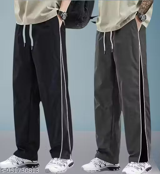 Men Stylish Korean Loose Fit Track Pants Combo Pack of 2 | Baggy Side Stripe Lower for Men | Trendy Oversized Sports Lower & Casual Streetwear Pants