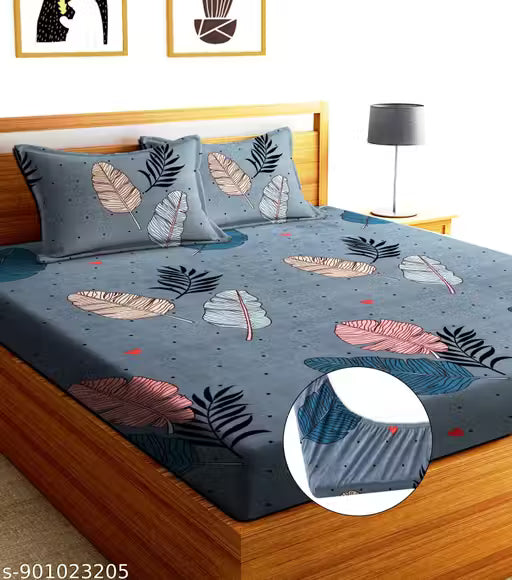 Elastic Fitted Leaf Printed Double Bedsheet with Pillow Covers | Soft Cotton Blend Wrinkle-Free King Size Bedsheet Grey