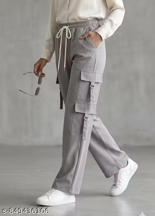 Trendy Women’s Grey 6 Pocket Cargo Pants with Drawstring Waist