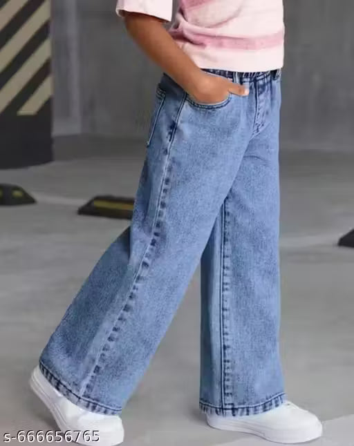 Trendy Wide Leg Baggy Fit Jeans for Girls | Grey Wash Denim (Kids)