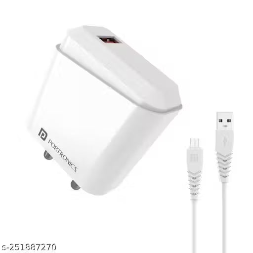 Portronics Adapto 40M, 18w 3A Mach USB Fast Charger with 1M Micro USB Charging Cable,Compatible with iOS & Andriod Smartphones etc.(White)