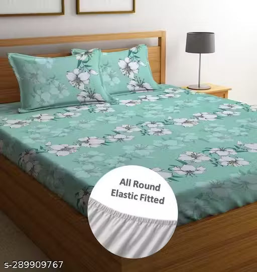 Fitted (Elastic) Cotton Double Bedsheet With 2 King Size Pillow Covers.