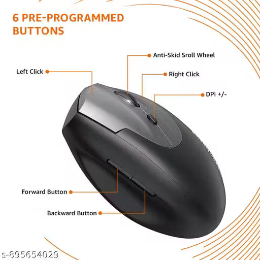 Vertical Ergonomic Wireless Mouse – 6 Buttons, Adjustable up to 1600 DPI, 2.4G Optical, USB for Laptop / PC