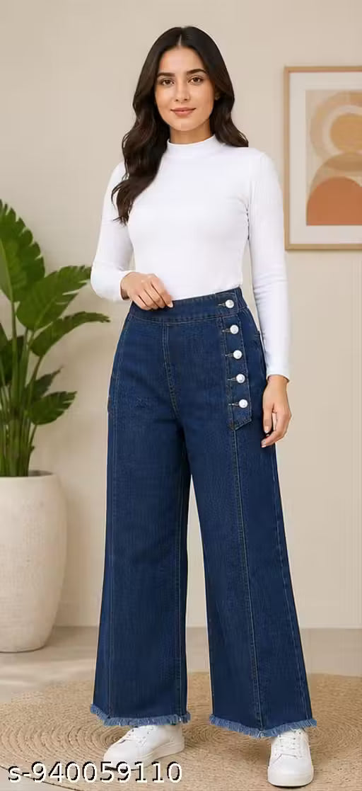 Girl's Side-Button Wide-Leg Jeans
