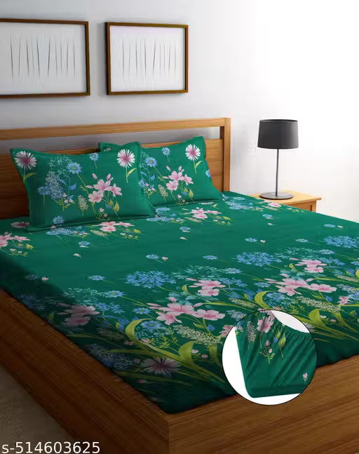 HIYANSHI HOME FURNISHING® Glace Cotton King Size All Around Elastic Fitted Double Bedsheet 72'' x 78'' + 10 Inch with 2 Pillow Covers , Fit for 4-8 inch Mattress