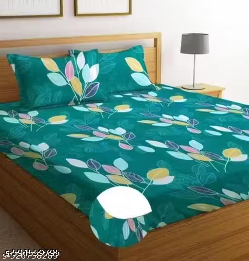 Super Soft Glace Cotton All Round Elastic Fitted Double Bed Bedsheet with 2 Pillow Covers-72x78x8 Inches-fiteed_Double