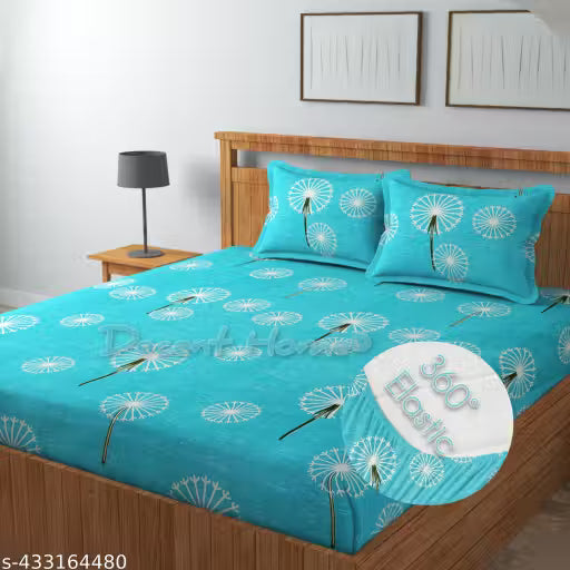 Fitted (Elastic) Cotton Double Bedsheet With 2 Pillow Covers