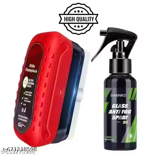 Oil Film Cleaning Brush & Car Glass Cleaner Anti-Fog Spray | Windshield Defogger & Stain Remover for Interior & Exterior