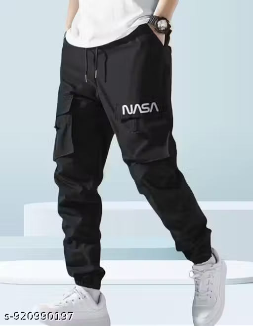 Men's Black NASA Print Joggers | Comfortable Cotton Blend Cargo Pants | Stylish Black Printed Trackpants for Men & Boys